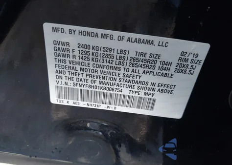 2019 Honda Passport Elite from USA, damaged, VIN 5FNYF8H01KB006754